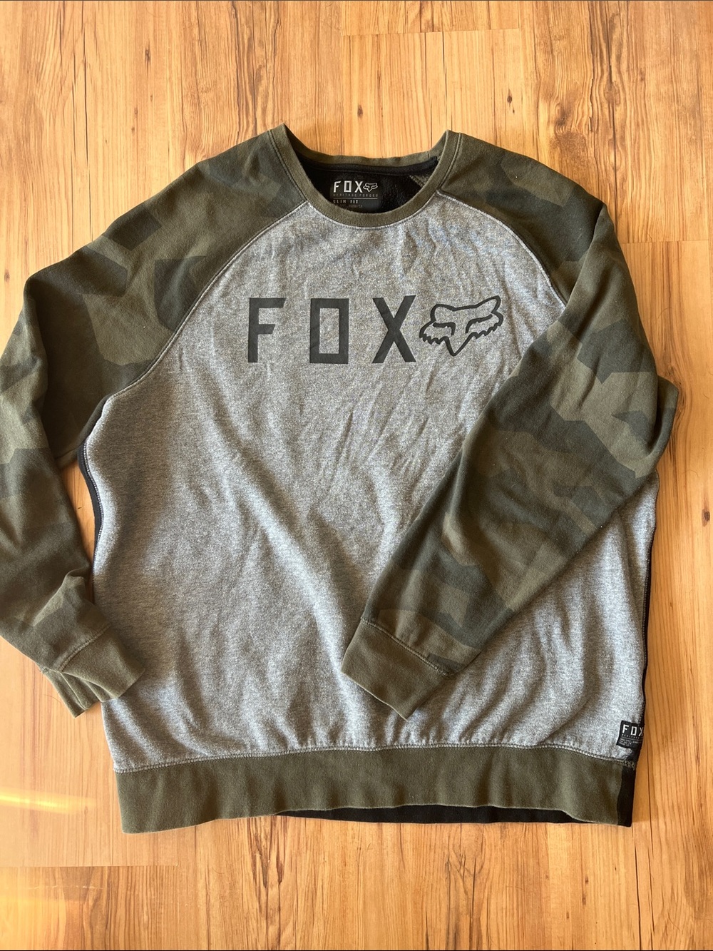 Fox Gray Crewneck Sweatshirt with Olive Camo Sleeves